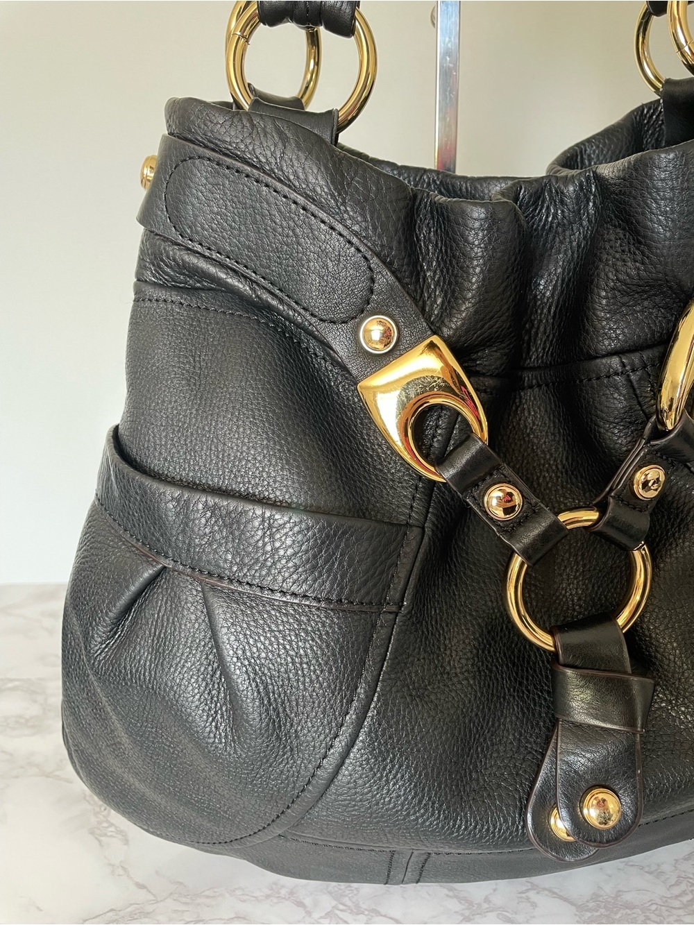 B. Makowsky Black Glove Leather Slouchy Hobo Shoulder Bag Gold Y2K Vintage - Picture 3 of 16